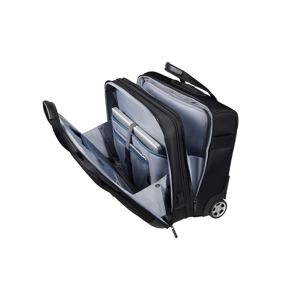 Samsonite Spectrolite 3.0 wheeled briefcase for 17.3" laptops, featuring a sleek black design and sturdy wheels.