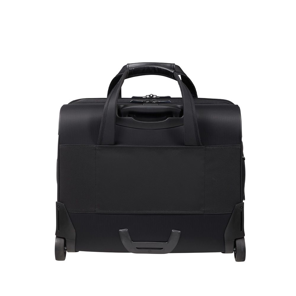 Black 17.3" wheeled laptop bag from Samsonite, featuring sturdy wheels and a sleek design for easy travel.