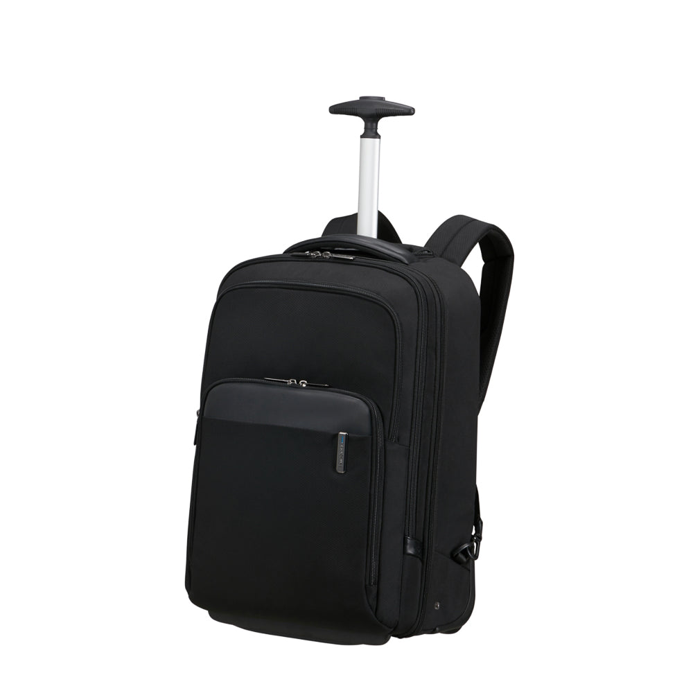 Black 17.3" wheeled backpack by Samsonite Luggage with spacious compartments and durable wheels for easy transport.