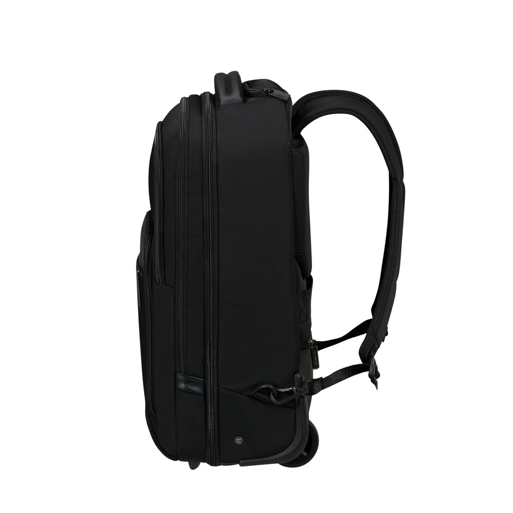 Samsonite Evosite 17.3" wheeled backpack in black, featuring sturdy wheels and padded straps for easy transport.