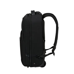 Samsonite Evosite 17.3" wheeled backpack in black, featuring sturdy wheels and padded straps for easy transport.