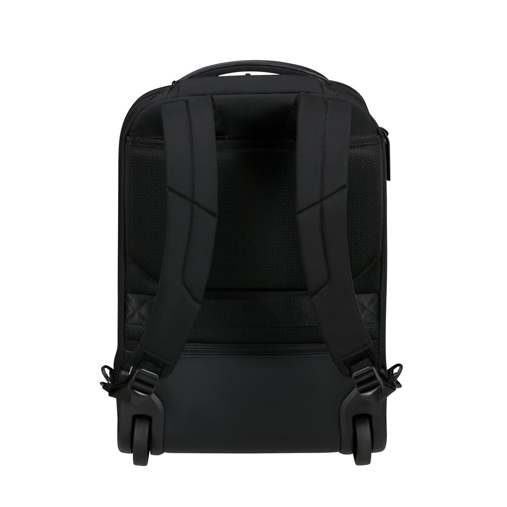 Black 17.3" wheeled backpack by Samsonite Luggage with adjustable straps and spacious compartments.