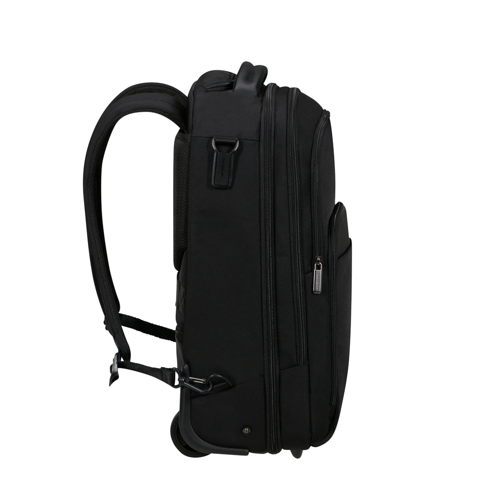 Samsonite Evosite 17.3" wheeled backpack in black with sturdy wheels and padded laptop compartment.