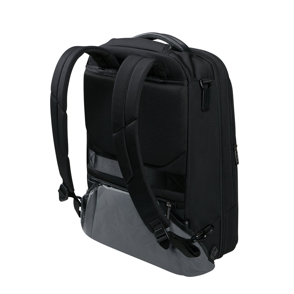 Samsonite Evosite 17.3" wheeled backpack in black, featuring durable wheels and padded compartments for laptops and essentials.