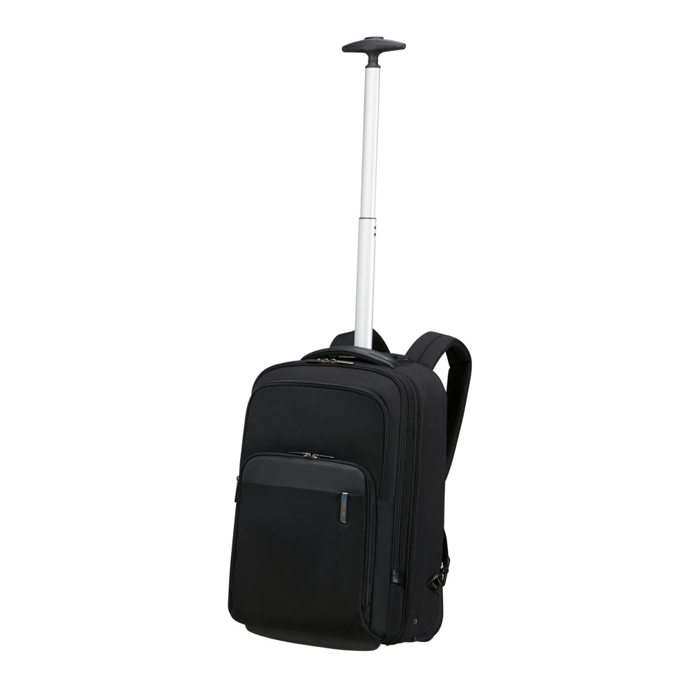 Black 17.3" wheeled backpack by Samsonite Luggage with multiple compartments and retractable handle for easy transport.