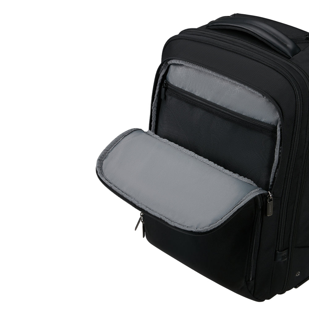 Black 17.3" wheeled backpack by Samsonite Luggage featuring smooth wheels and multiple compartments for organization.