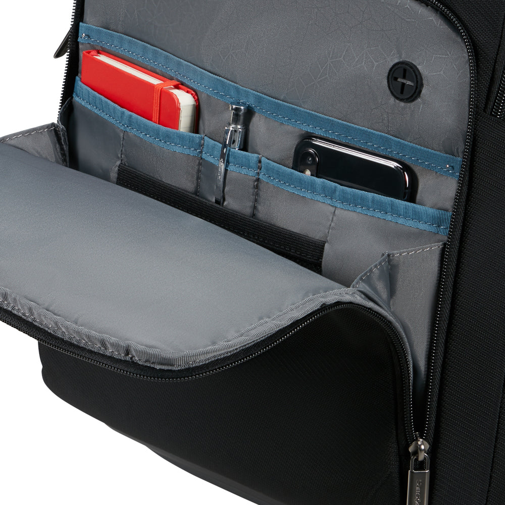 Samsonite Evosite 17.3" wheeled backpack in black, featuring adjustable straps and smooth-rolling wheels.