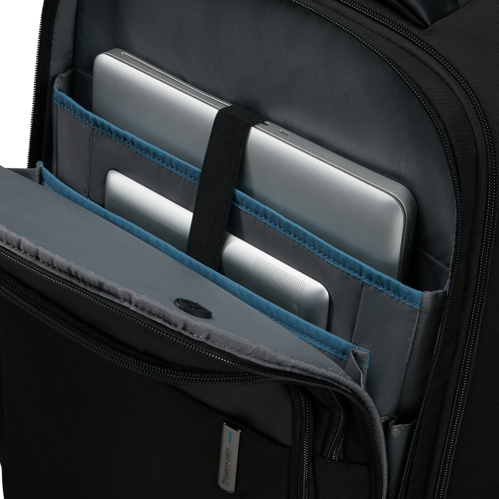 Samsonite Evosite 17.3" wheeled backpack in black, featuring a sturdy handle and multiple compartments for organization.
