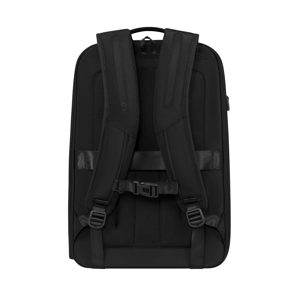 Black Samsonite Luggage 2 in 1 Travel Backpack with adjustable straps and multiple compartments for versatile use.