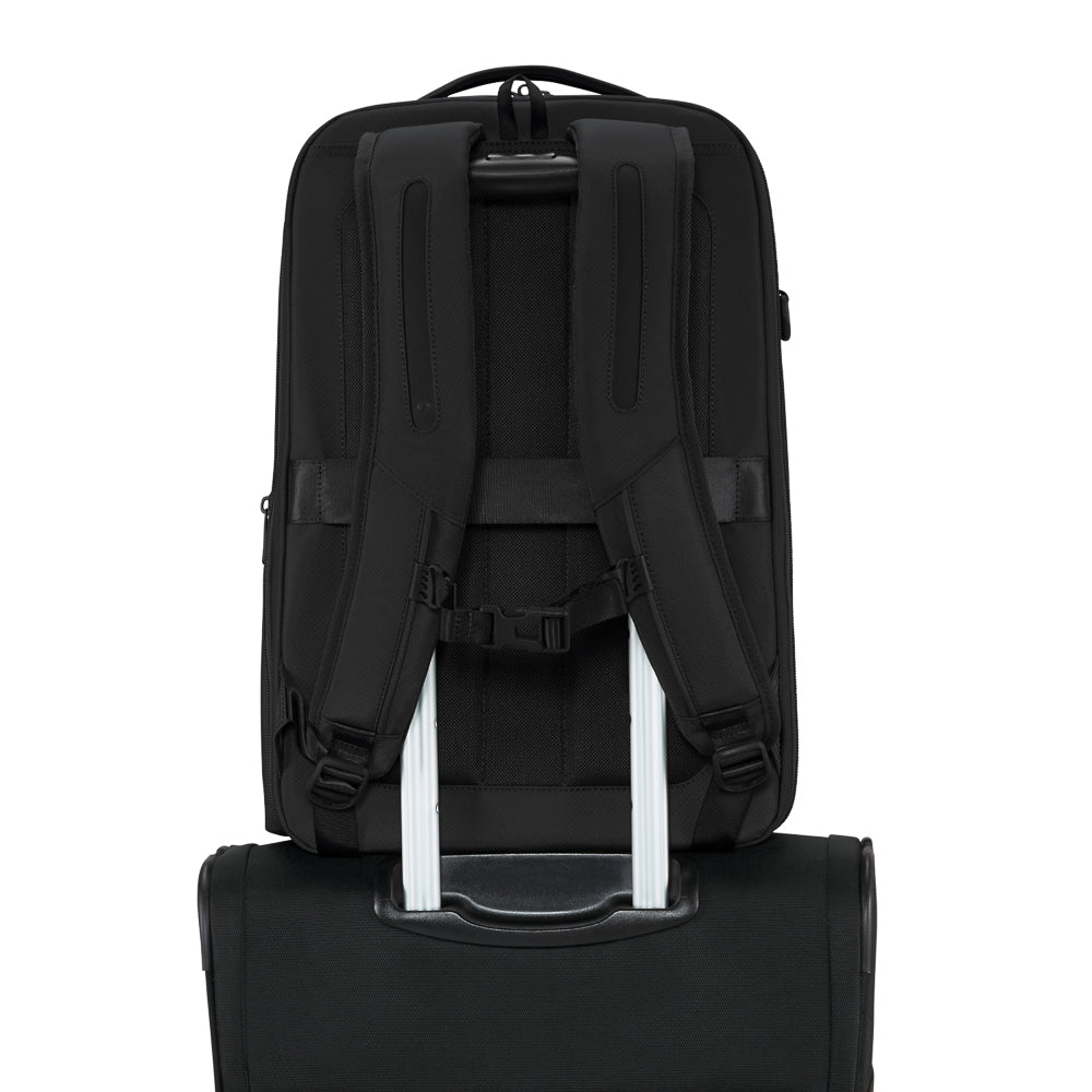 Samsonite Luggage 2 In 1 Travel Backpack in black, featuring adjustable straps and multiple compartments for convenience.
