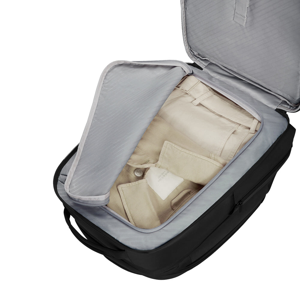 Samsonite Luggage 2 in 1 Travel Backpack in black, showcasing adjustable straps and multiple compartments for organization.