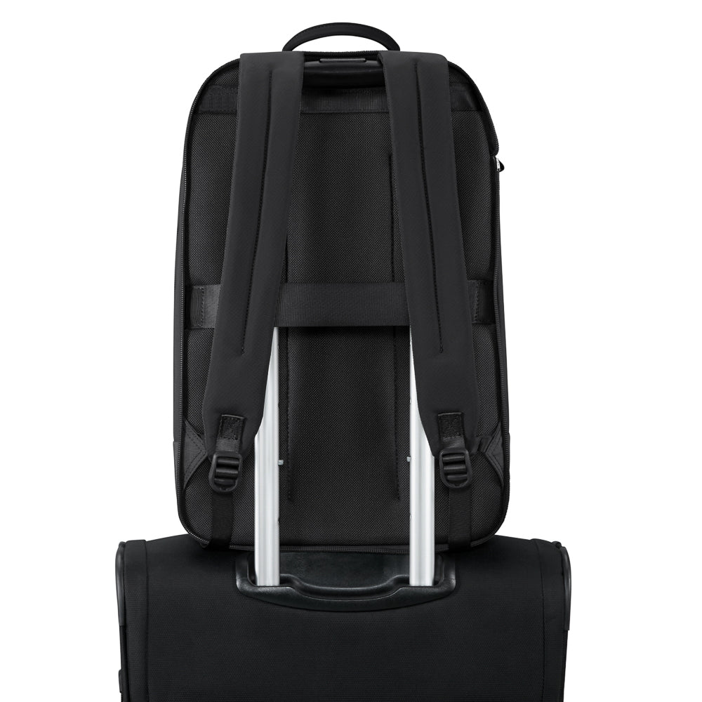 Samsonite Luggage 2 in 1 Travel Backpack in black, featuring adjustable straps and multiple compartments for versatile use.