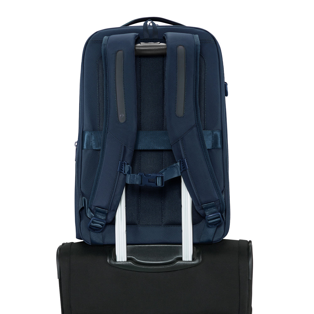 Navy Samsonite Luggage 2 in 1 Travel Backpack with adjustable straps and multiple compartments for versatile use.
