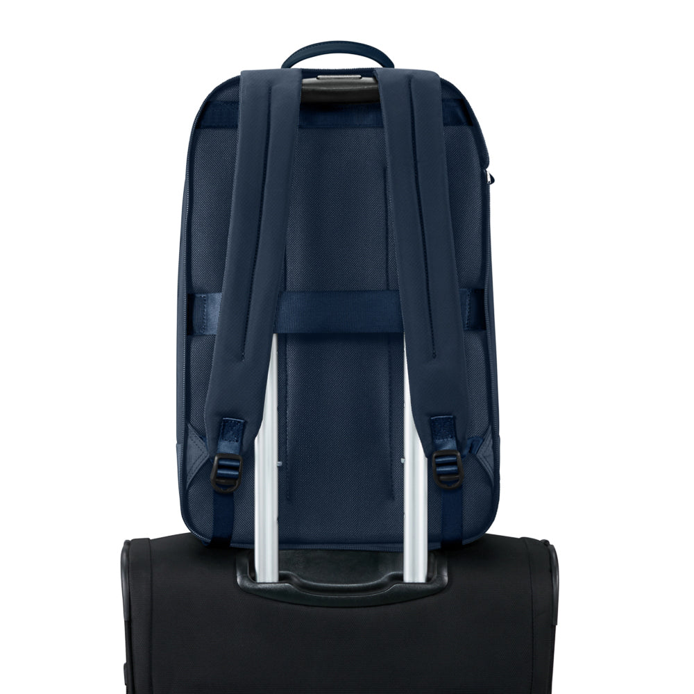 Navy Samsonite Luggage 2-in-1 travel backpack with adjustable straps and multiple compartments for convenience.