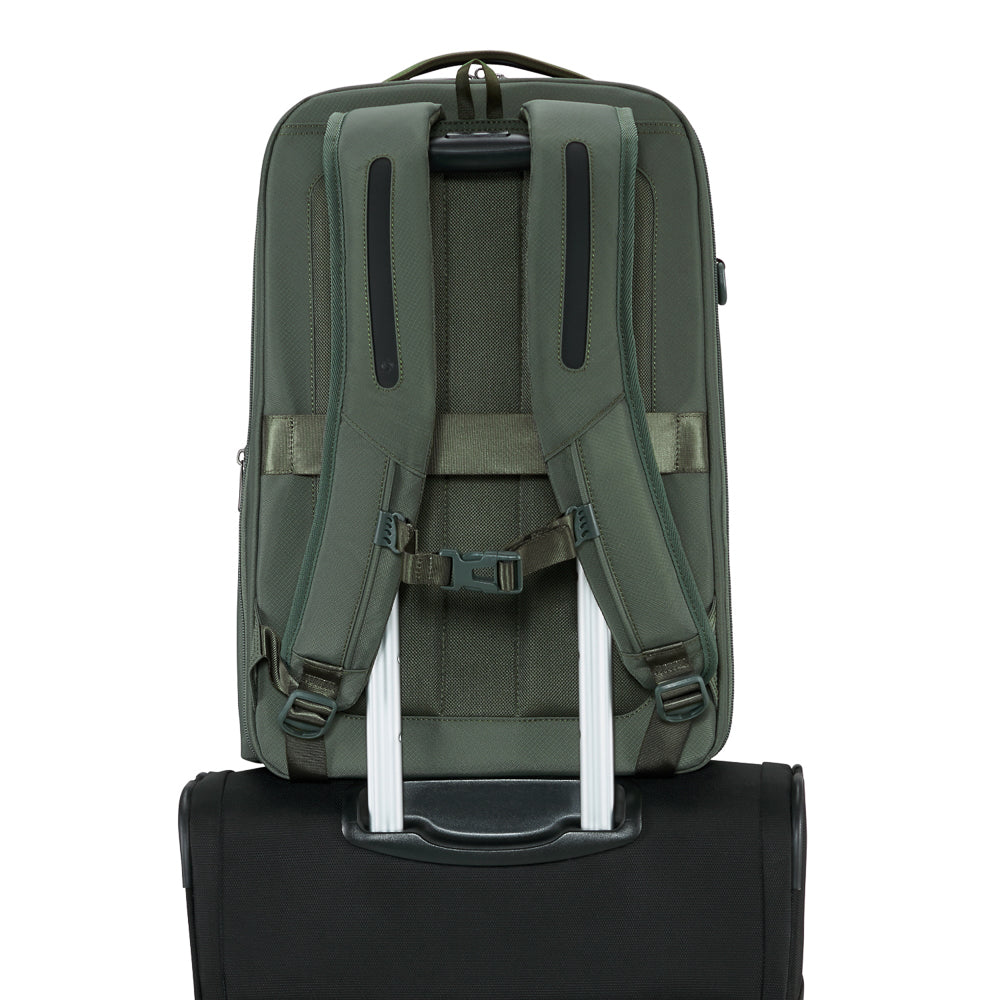 Olive Samsonite Luggage 2 In 1 Travel Backpack featuring adjustable straps and multiple compartments for versatility.