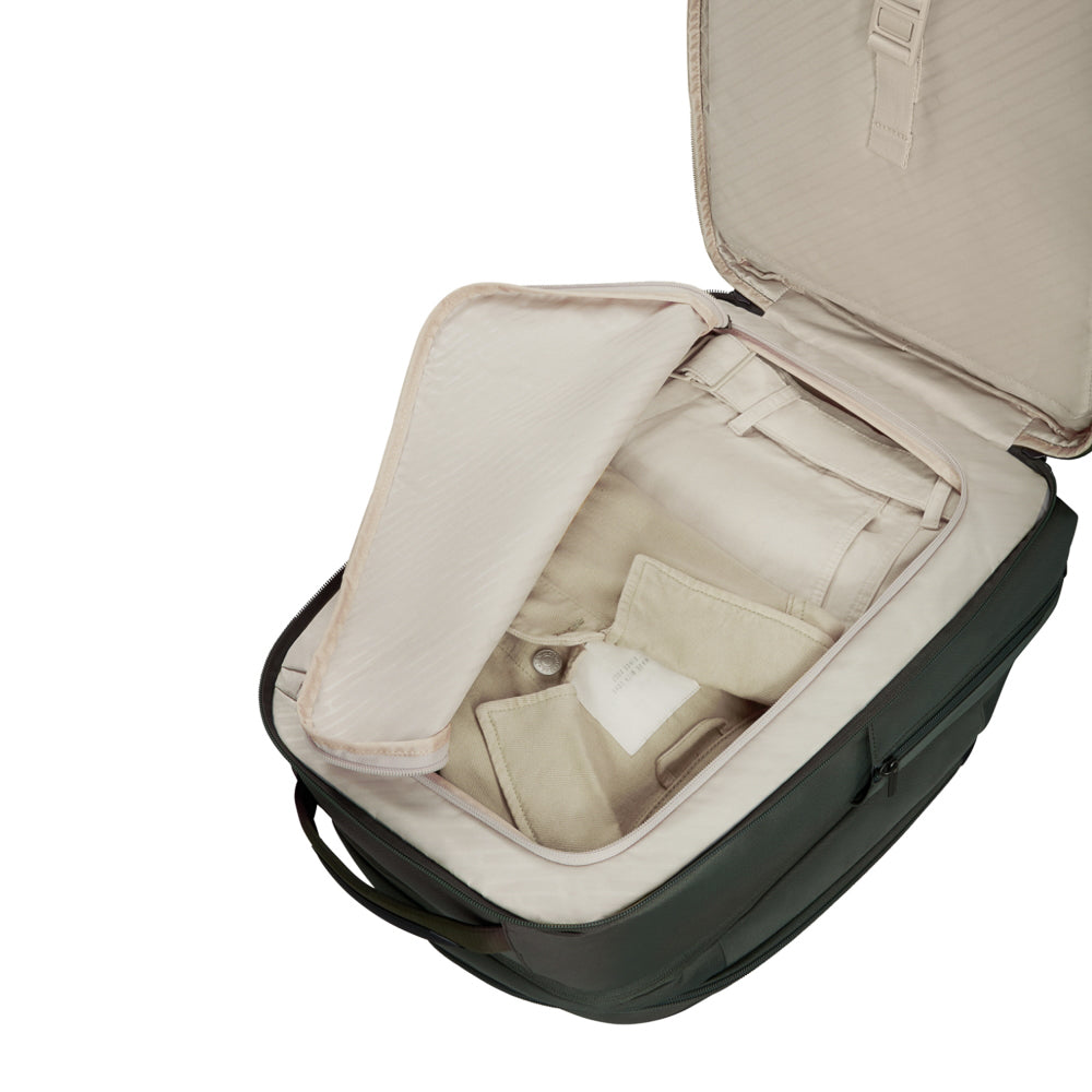 Olive green Samsonite 2-in-1 travel backpack with adjustable straps and multiple pockets for convenience.