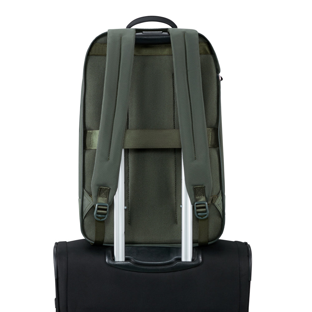 Olive green Samsonite Luggage 2-in-1 travel backpack with adjustable straps and multiple compartments displayed.