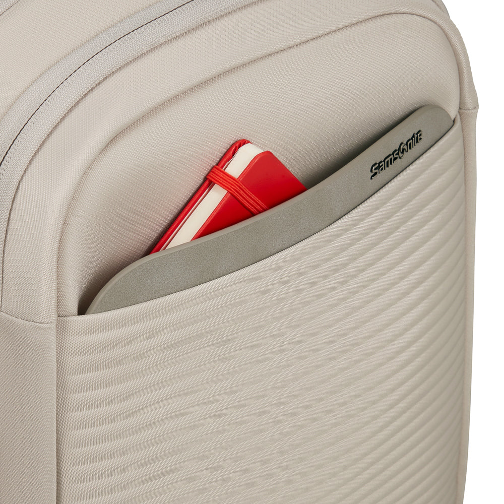 Samsonite Luggage 2 In 1 Travel Backpack in white, featuring adjustable straps and multiple compartments for organization.
