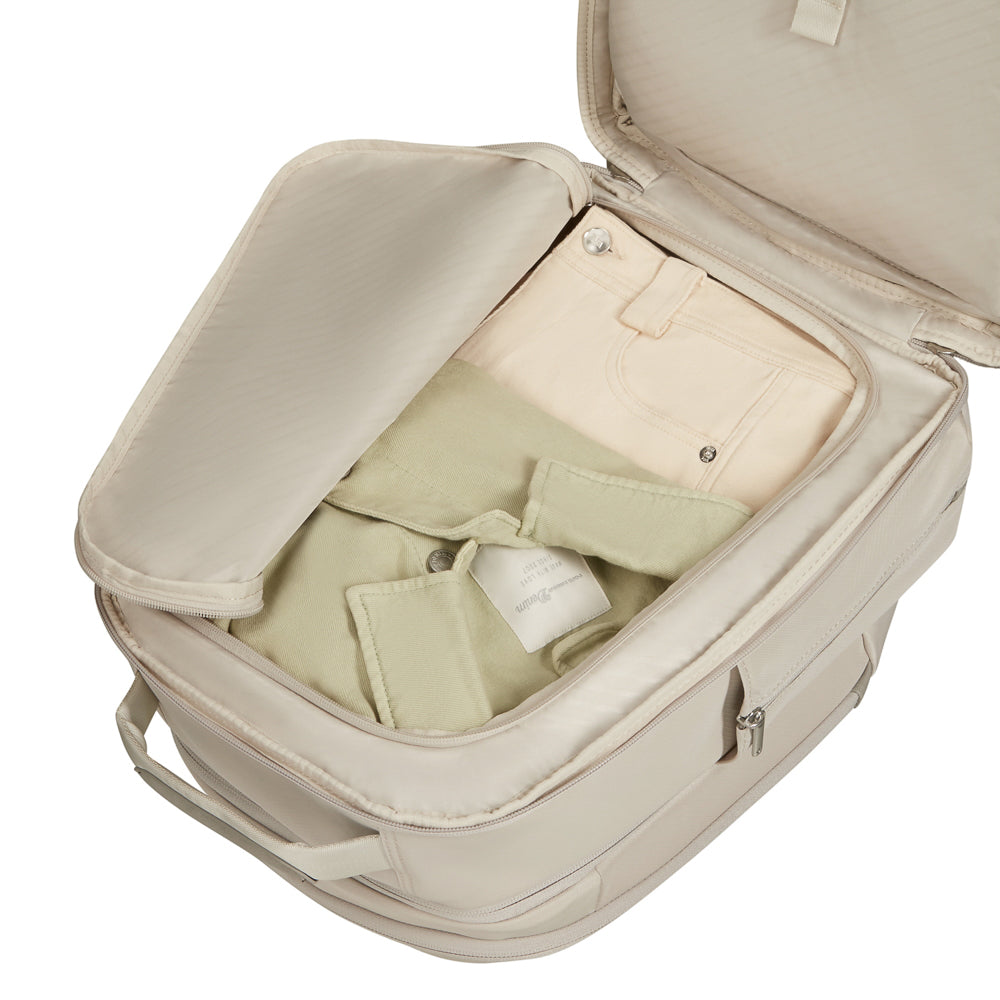 Samsonite Luggage 2 in 1 travel backpack in white, featuring adjustable straps and multiple compartments for organization.