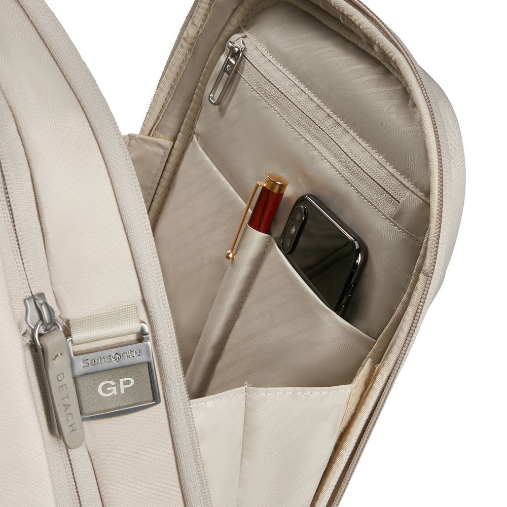Samsonite Luggage 2 In 1 Travel Backpack in white, featuring adjustable straps and multiple compartments for convenience.