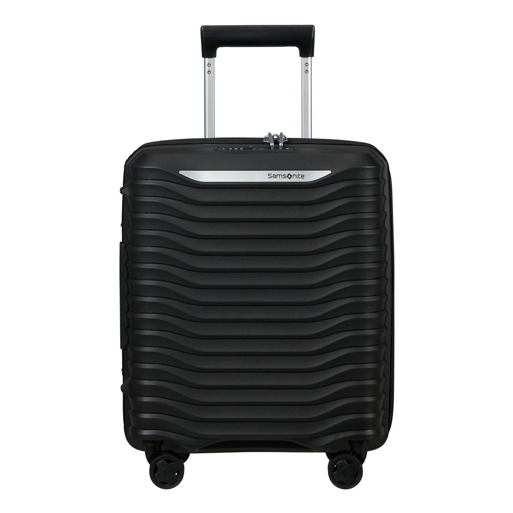 Black 45cm Samsonite Upscape 4 Wheel Underseater Suitcase, showcasing smooth wheels and compact design for cabin luggage.
