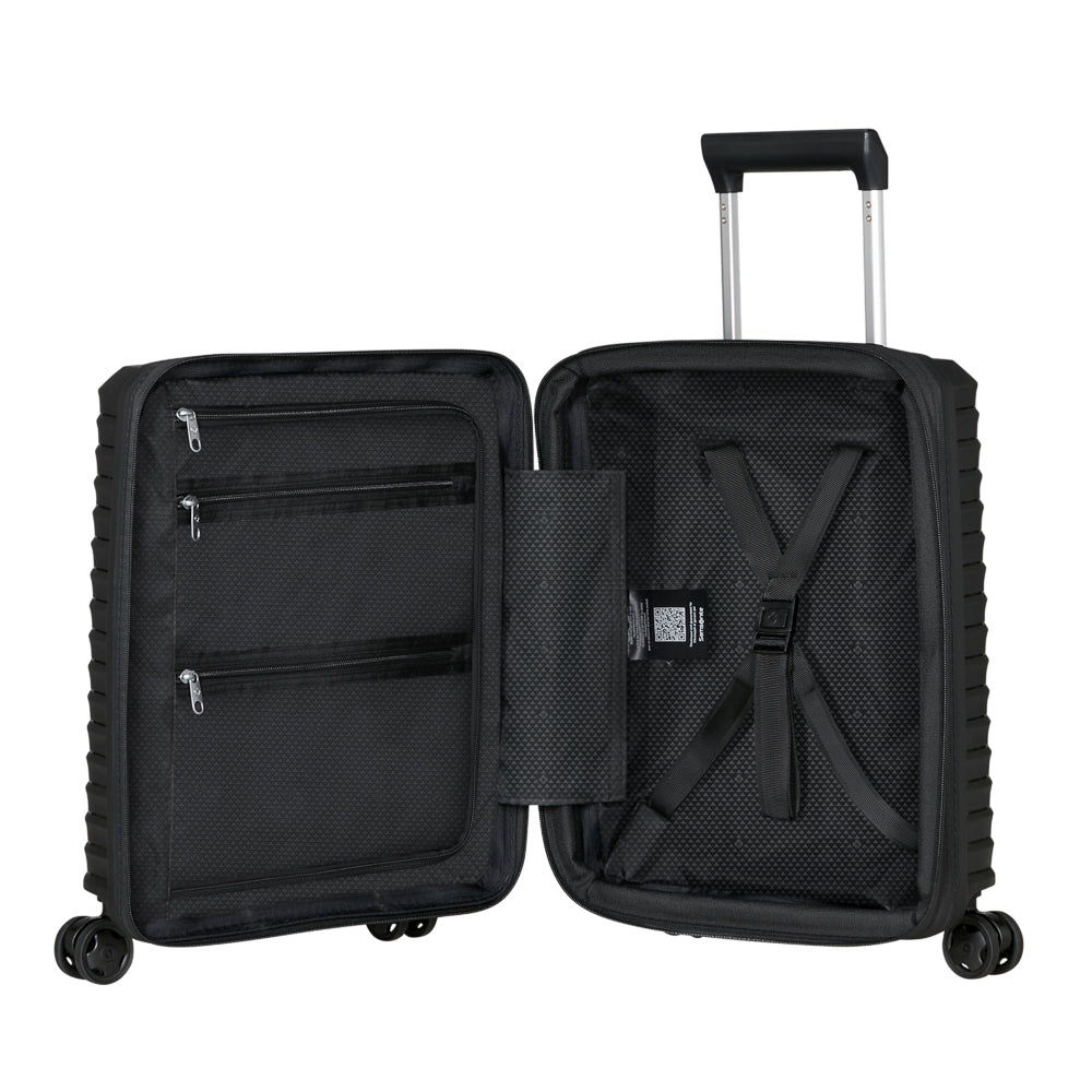 Samsonite Upscape 45cm black 4 wheel underseater suitcase with sleek design and spacious interior for cabin travel.