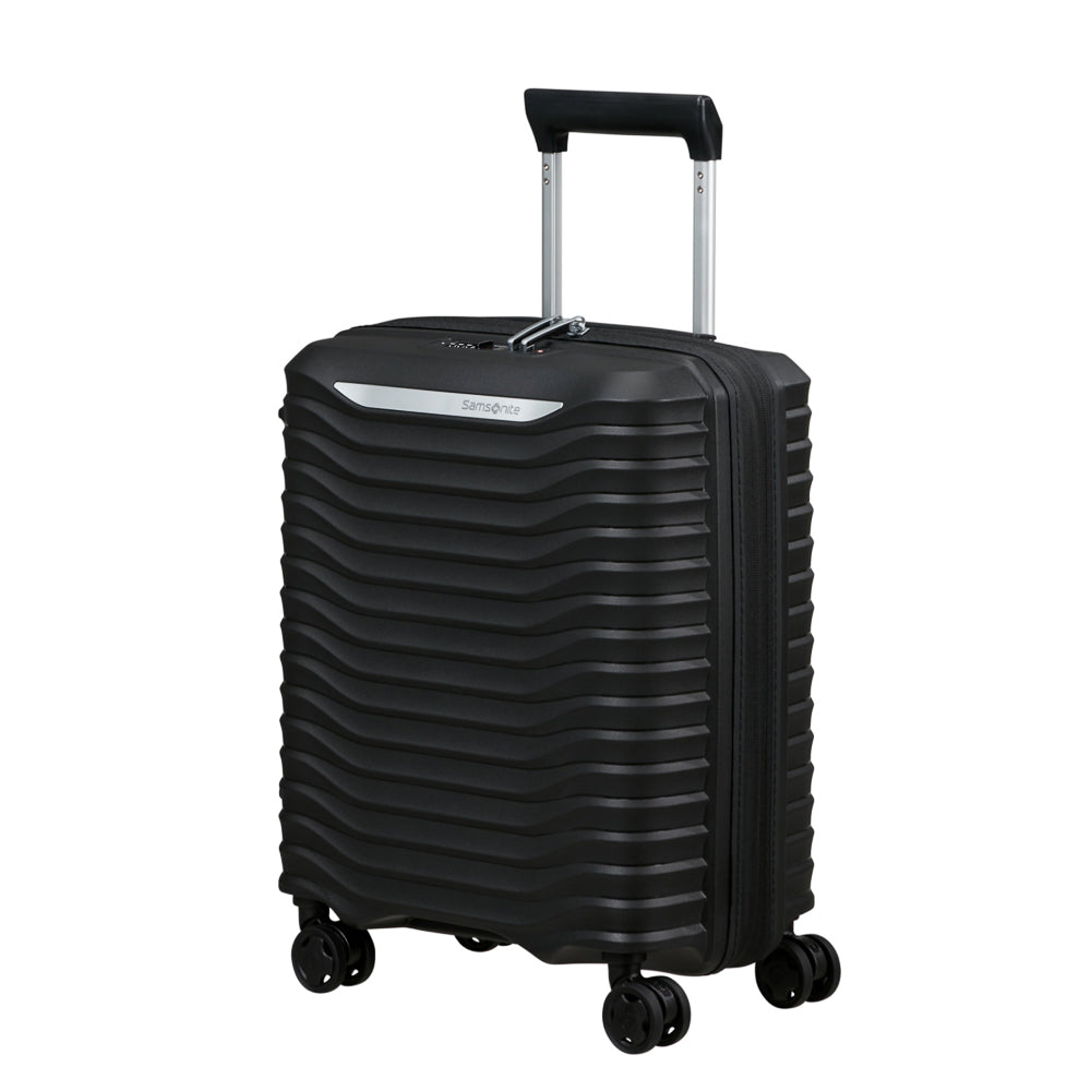 Samsonite Upscape 45cm black 4 wheel underseater suitcase with sleek design and spacious interior for cabin travel.