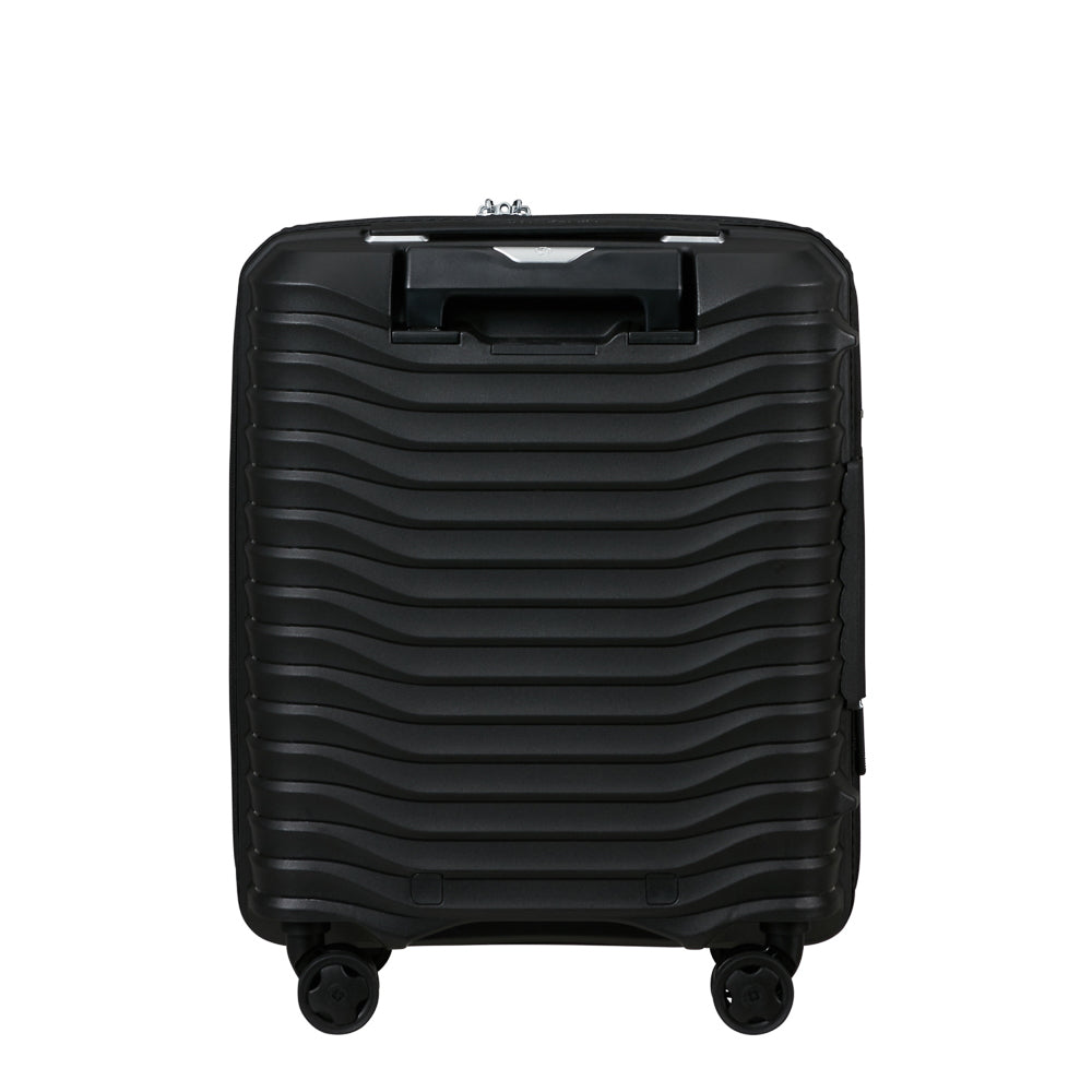Samsonite Upscape 45cm black 4-wheel underseater suitcase, showcasing spacious interior and durable design.