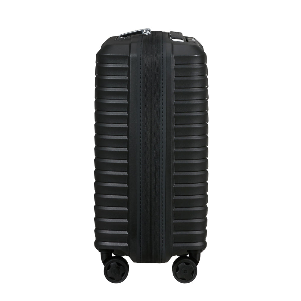 Samsonite Upscape 45cm black 4-wheel underseater suitcase, showcasing compact design and smooth-rolling wheels.