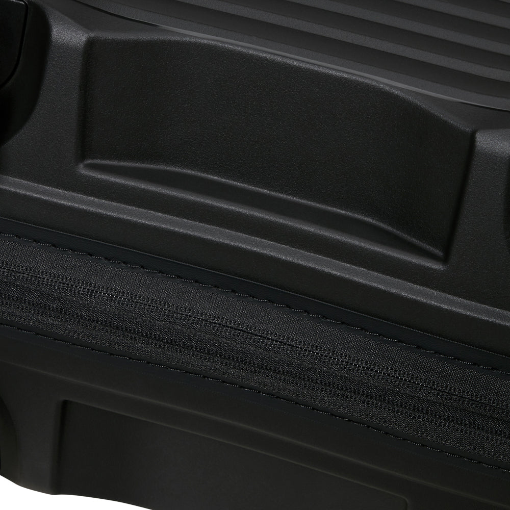 Black 45cm Samsonite Upscape underseater suitcase with four wheels, designed for convenient cabin travel.