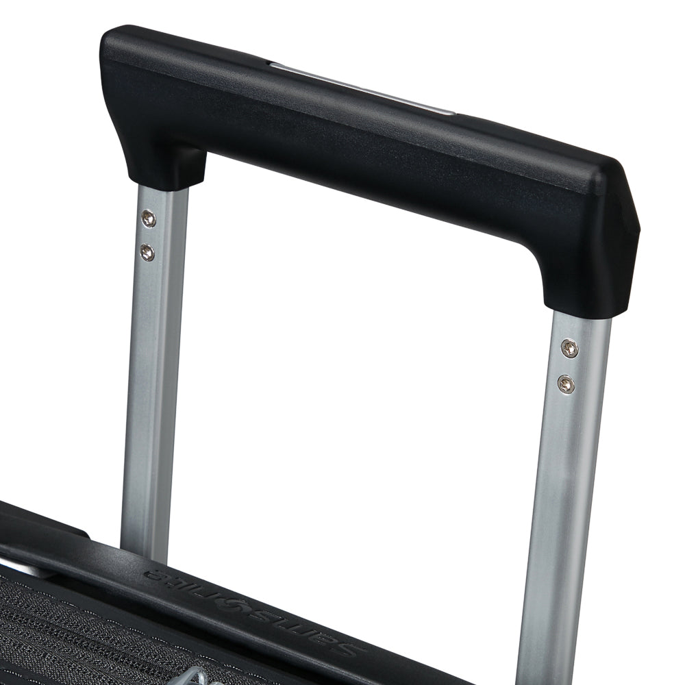 Samsonite Upscape 45cm black underseater suitcase with four wheels and a compact design for easy travel.