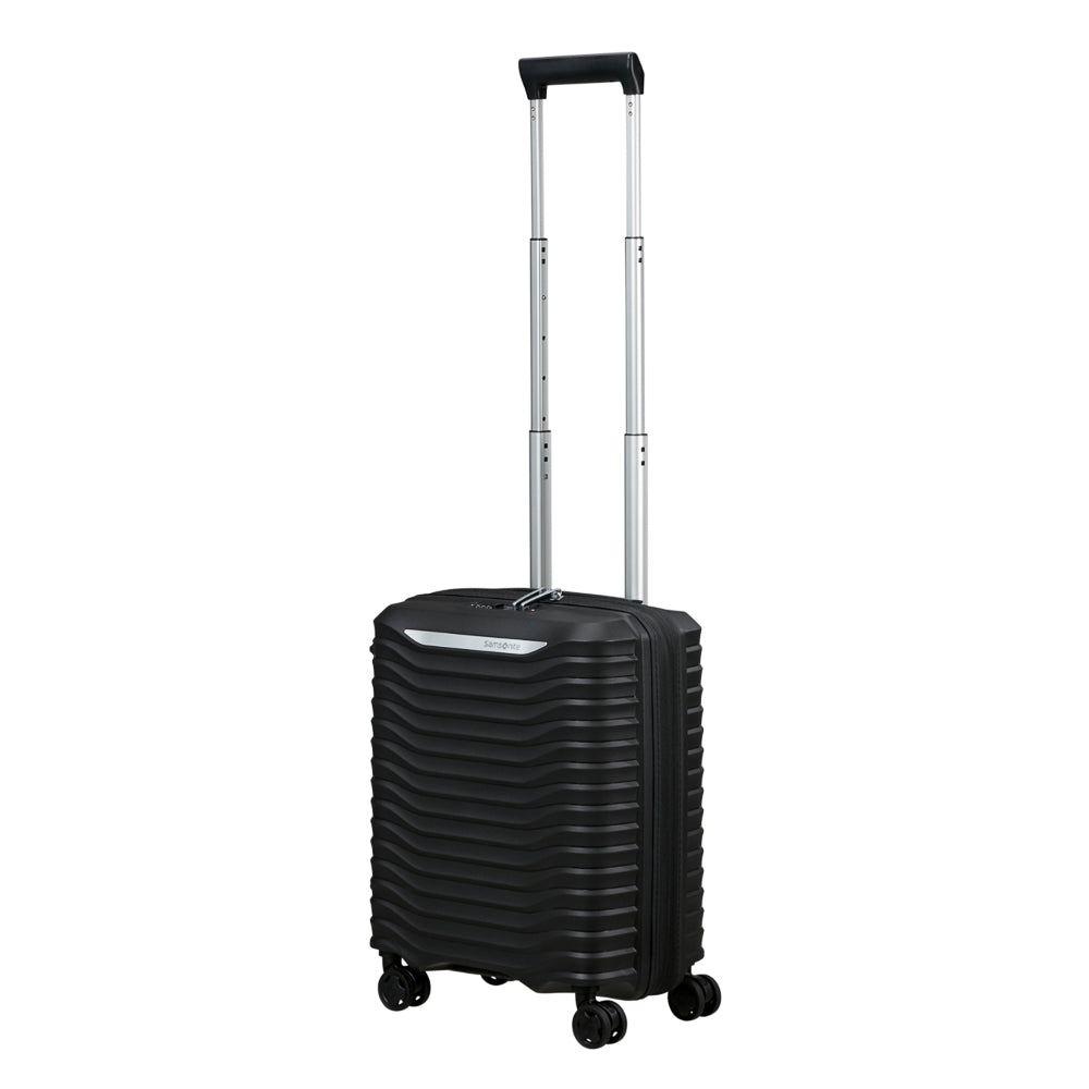Black 45cm Samsonite Upscape underseater suitcase with four wheels, ideal for cabin luggage and easy travel.