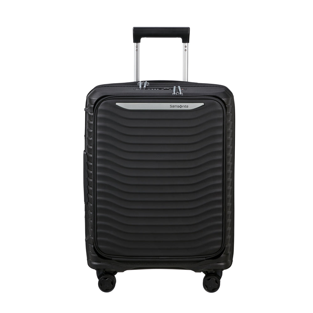 Black 55cm Samsonite Upscape cabin suitcase with front pocket, showcasing sturdy wheels and telescopic handle.