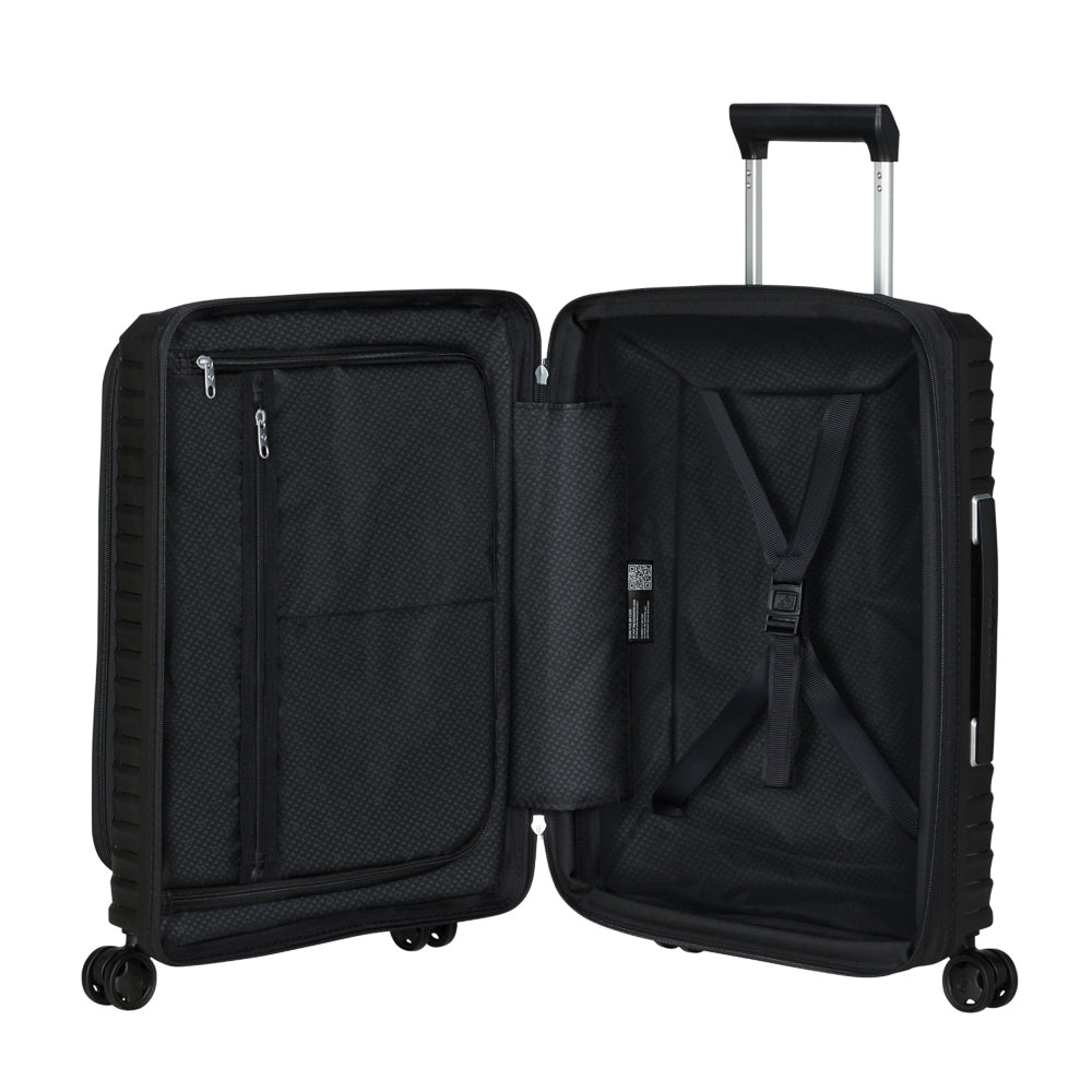 Samsonite Upscape 55cm cabin suitcase with front pocket, showcasing sleek black design and durable material.