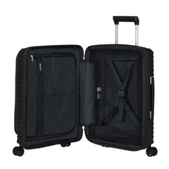 Samsonite Upscape 55cm cabin suitcase with front pocket, showcasing sleek black design and durable material.