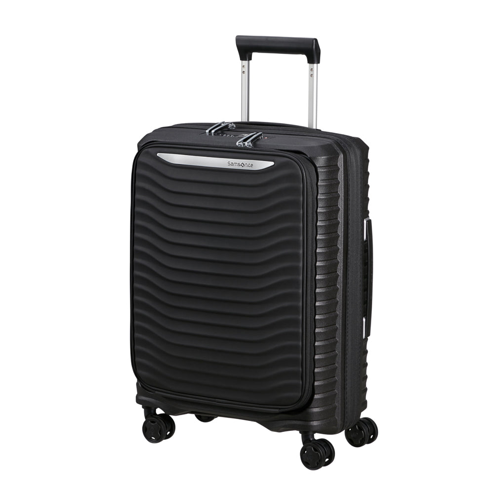 Samsonite Upscape 55cm cabin suitcase with front pocket, sleek black design, ideal for travel and carry-on convenience.