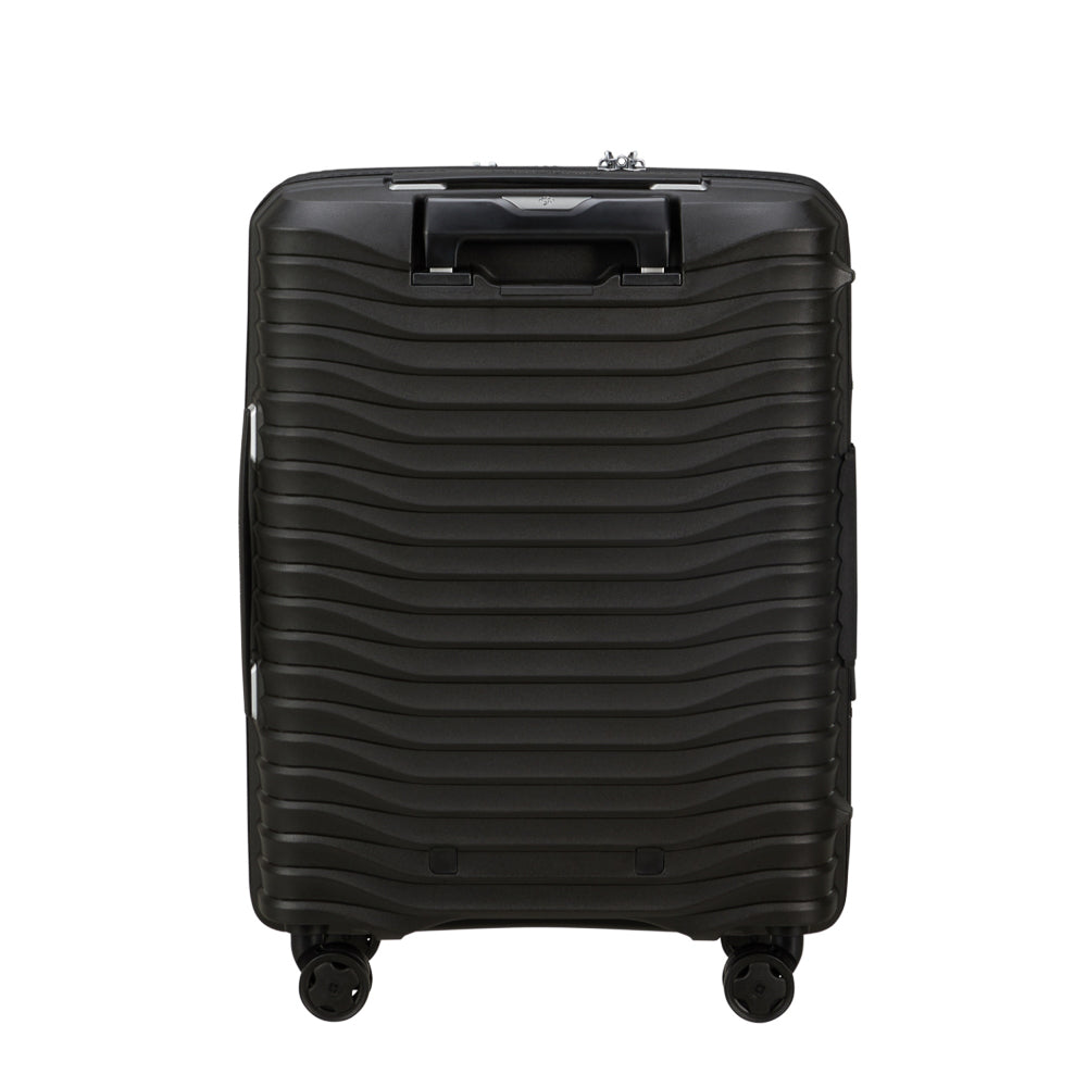 Samsonite Upscape 55cm black cabin suitcase with front pocket, showcasing durable design and smooth wheels.