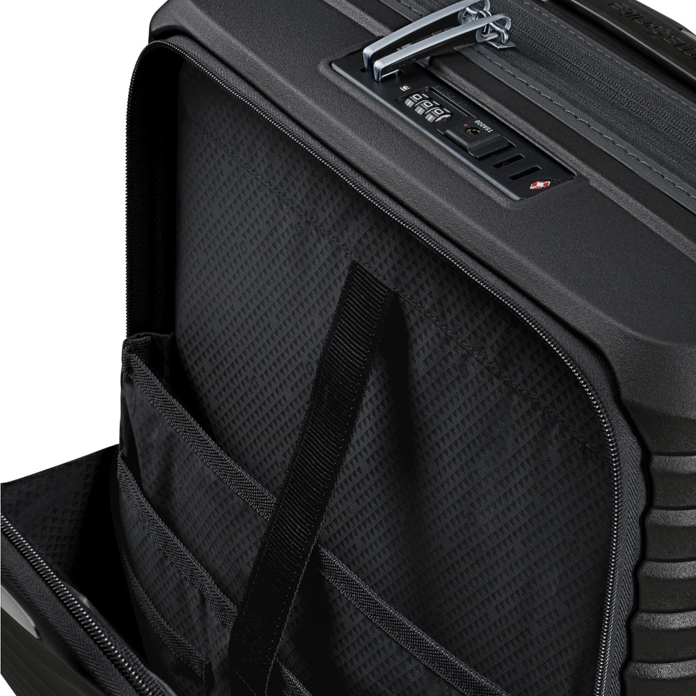 Samsonite Upscape 55cm cabin suitcase with front pocket, sleek black design, ideal for travel and easy storage.