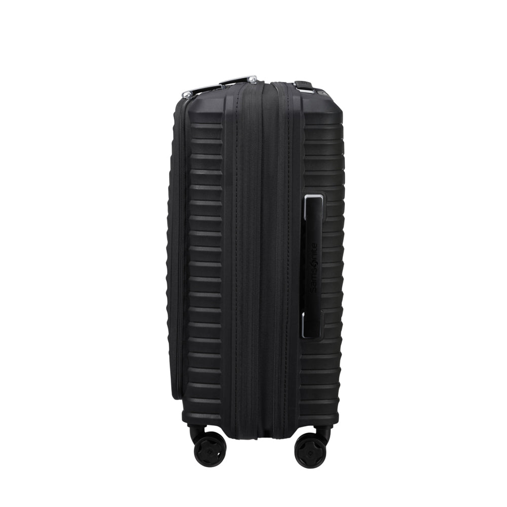 55cm black Samsonite Upscape cabin suitcase with front pocket and smooth wheels, ideal for travel and convenience.