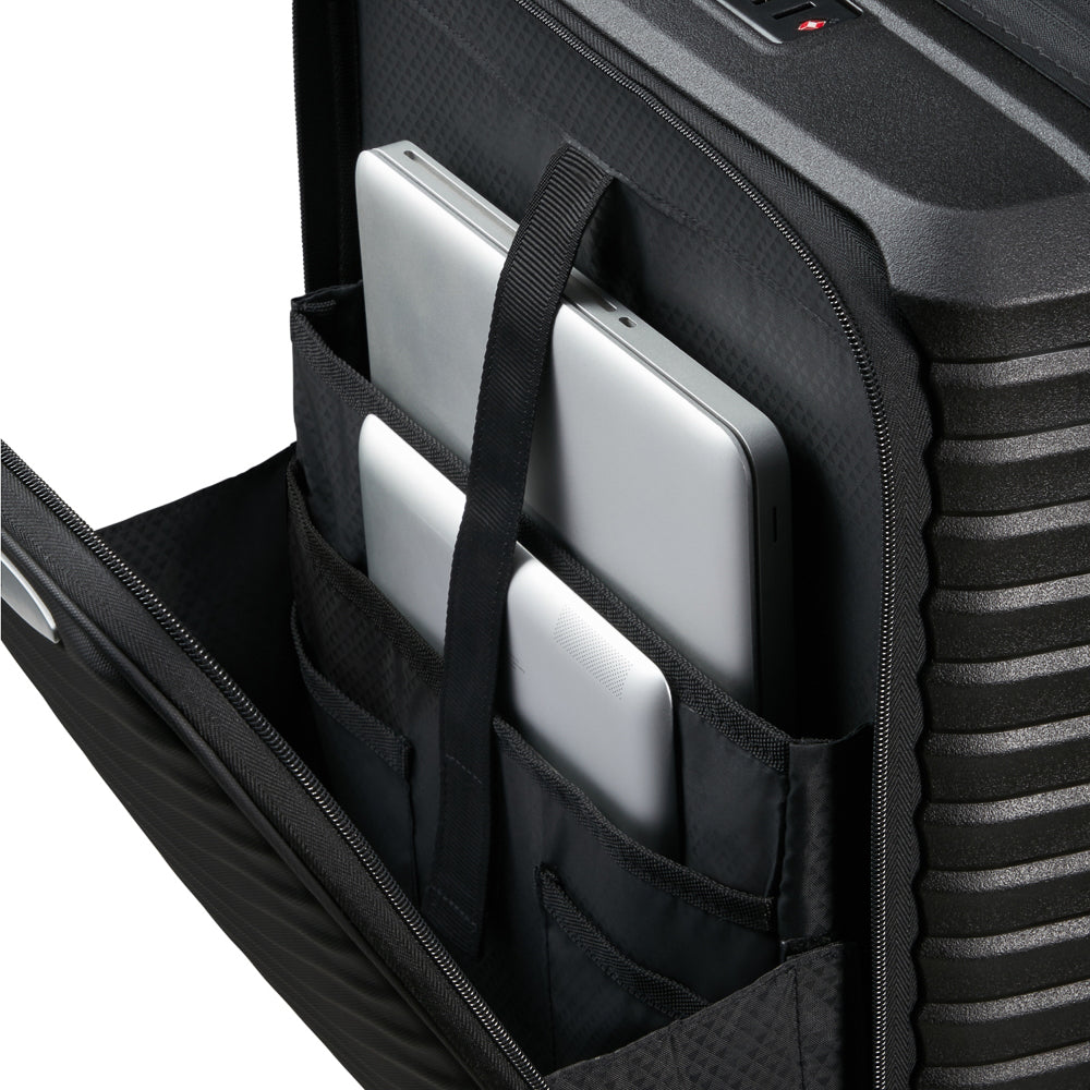 Samsonite Upscape 55cm black cabin suitcase with front pocket, showcasing sleek design and durable materials.