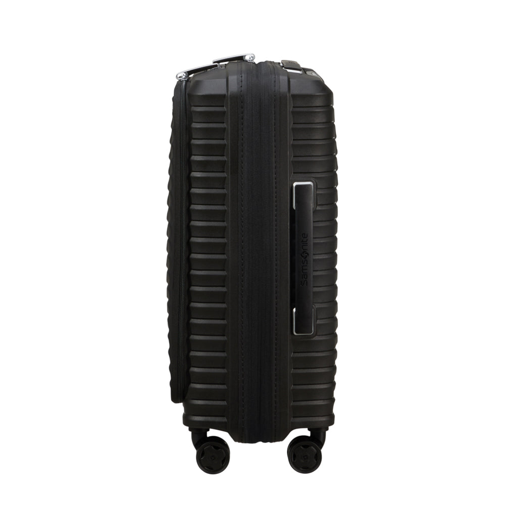 Samsonite Upscape 55cm black cabin suitcase with front pocket and wheels, ideal for travel convenience.