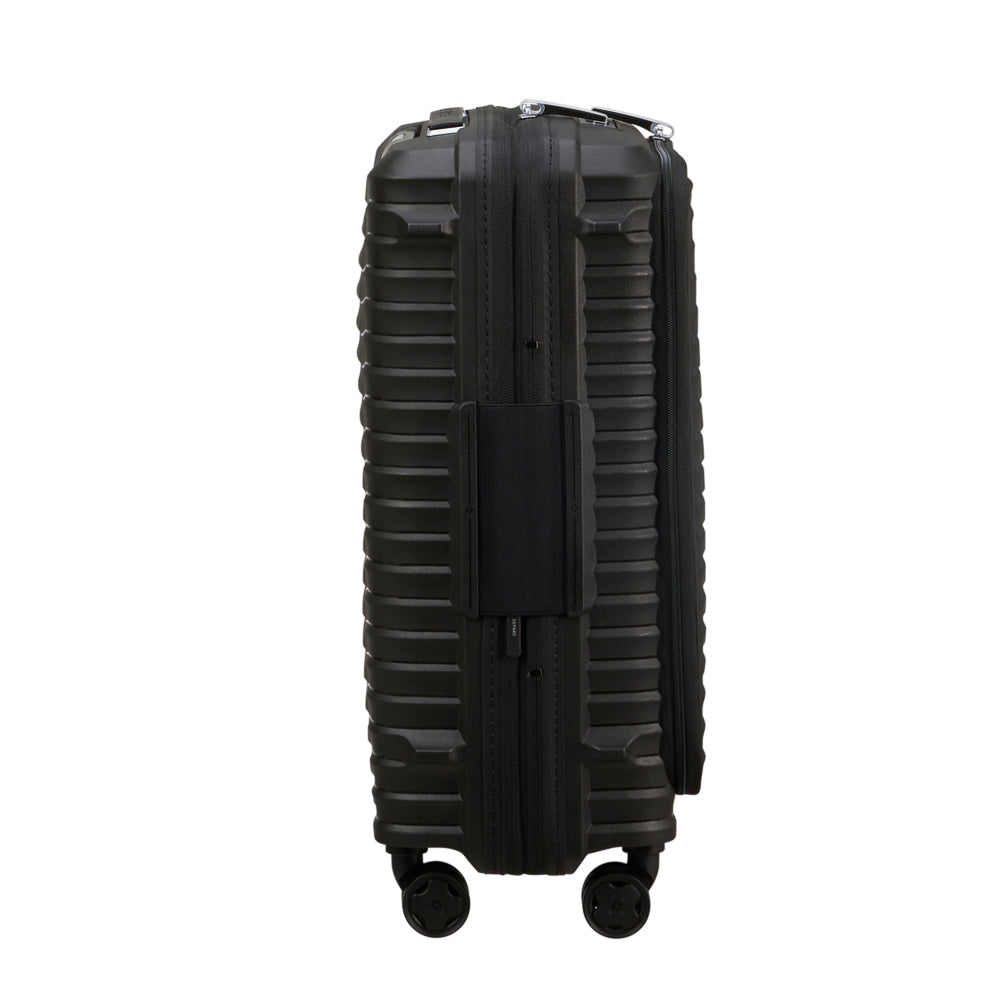 Samsonite Upscape 55cm cabin suitcase featuring a front pocket in sleek black design.