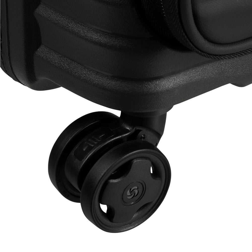 55cm black Samsonite Upscape cabin suitcase with front pocket, showcasing sleek design and durable construction.