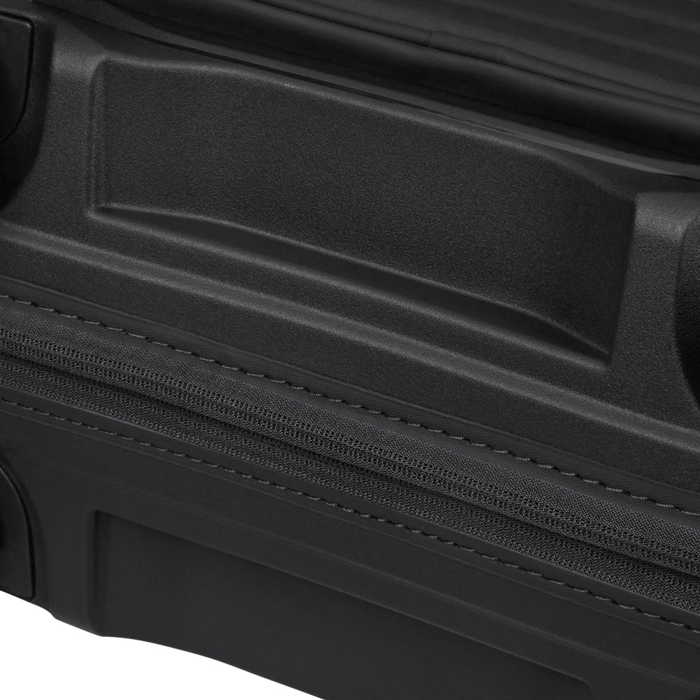 Black 55cm Samsonite Upscape cabin suitcase with front pocket, showcasing a sleek design and durable build.