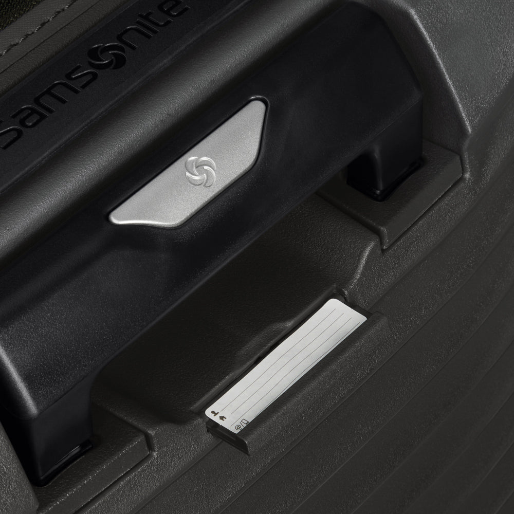 Samsonite Upscape 55cm cabin suitcase with front pocket in sleek black design, ideal for travel convenience.