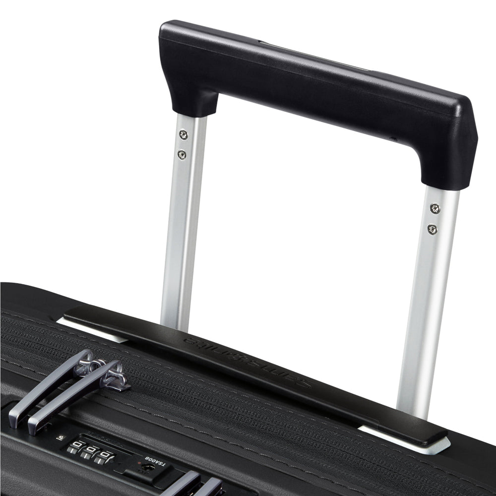 Black 55cm Samsonite Upscape cabin suitcase with front pocket, showcasing durable design and smooth wheels.