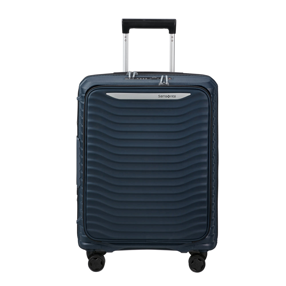 Samsonite Upscape 55cm cabin suitcase in blue with front pocket and wheels for easy travel.