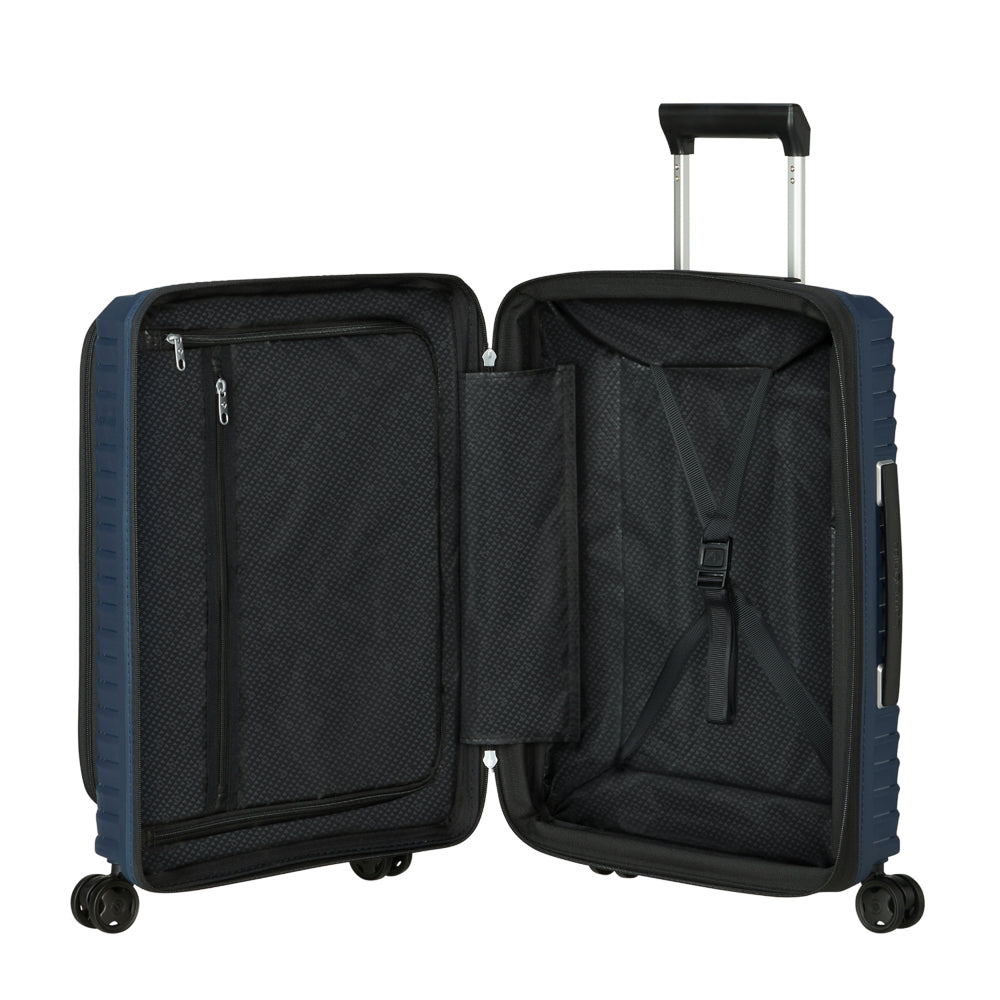 Blue 55cm Samsonite Upscape cabin suitcase with front pocket, showcasing a sleek design and durable material.