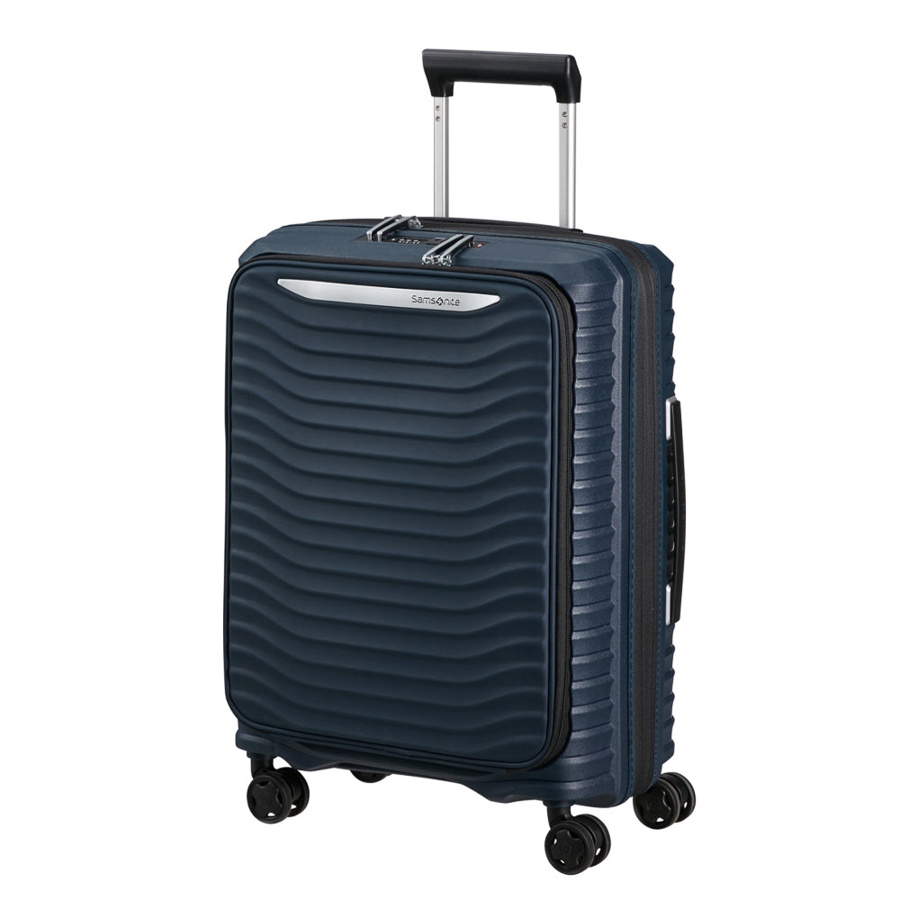 Samsonite Upcape 55cm cabin suitcase in blue with front pocket and wheels for easy travel.