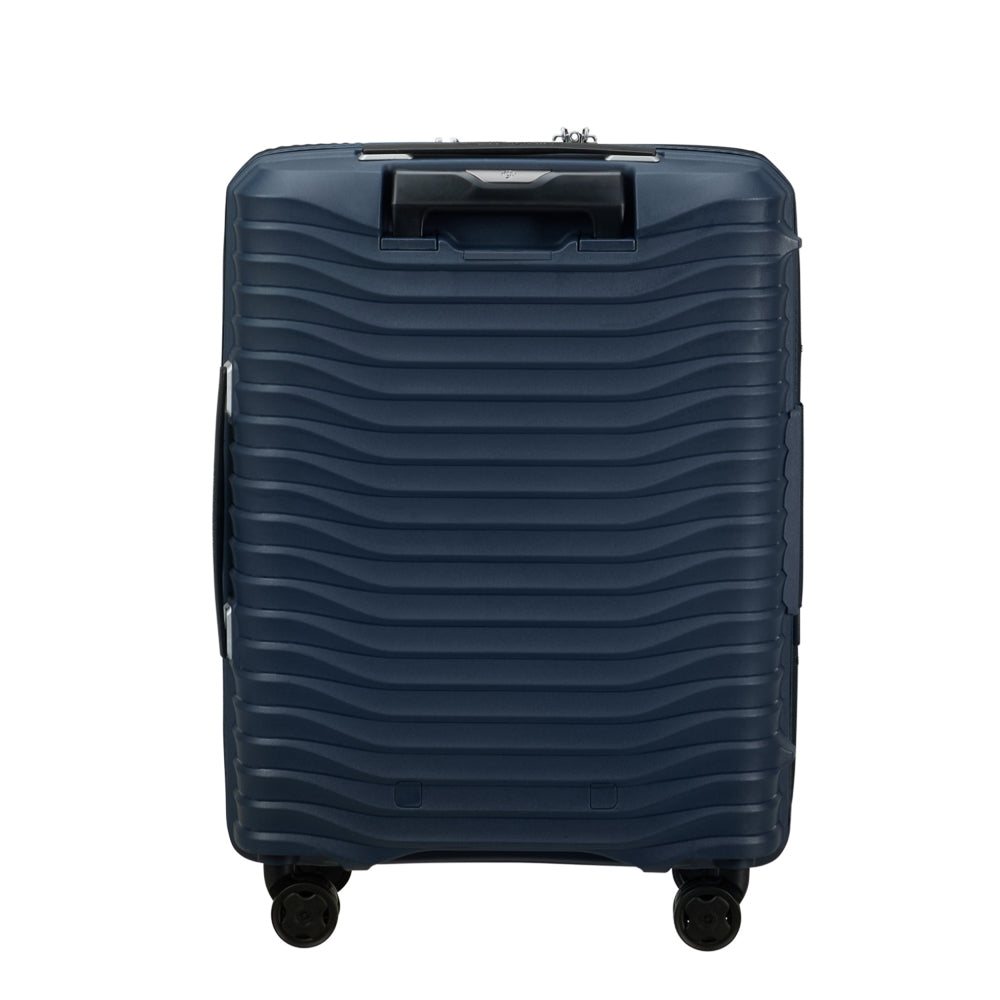 Blue 55cm Samsonite Upscape cabin suitcase with front pocket and wheels, ideal for travel and easy mobility.
